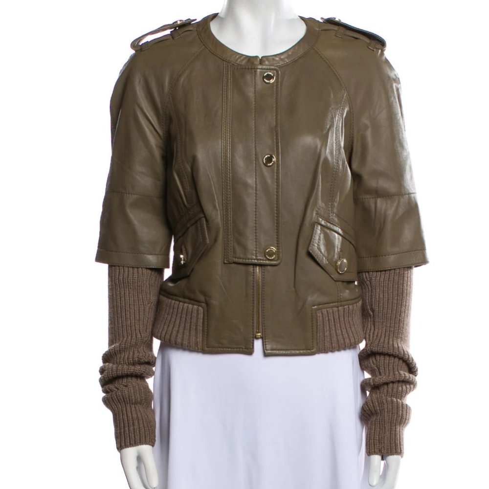 Tory Burch Women's Brown Green Wentworth Leather Jacket Knitted Sleeves M